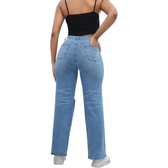Women's High Waisted Wide Leg Denim Jeans Stretchy Ripped Casual Pants - Picture 4 of 9